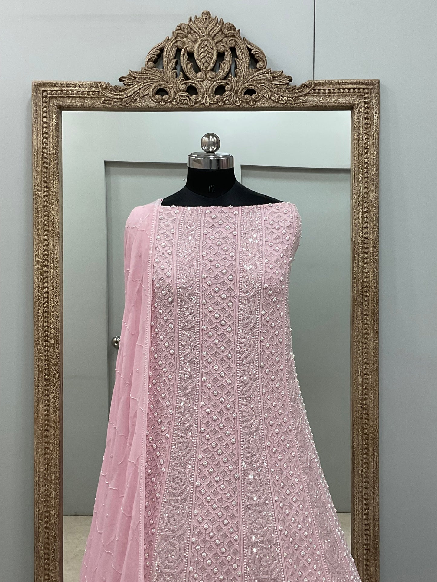 Pure Georgette Anarkali Heavy Pearl, Cutdana and Sequence Pink