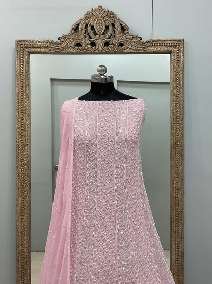 Pure Georgette Anarkali Heavy Pearl, Cutdana and Sequence Pink