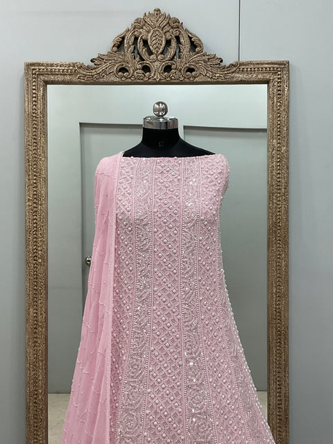 Pure Georgette Anarkali Heavy Pearl, Cutdana and Sequence Pink