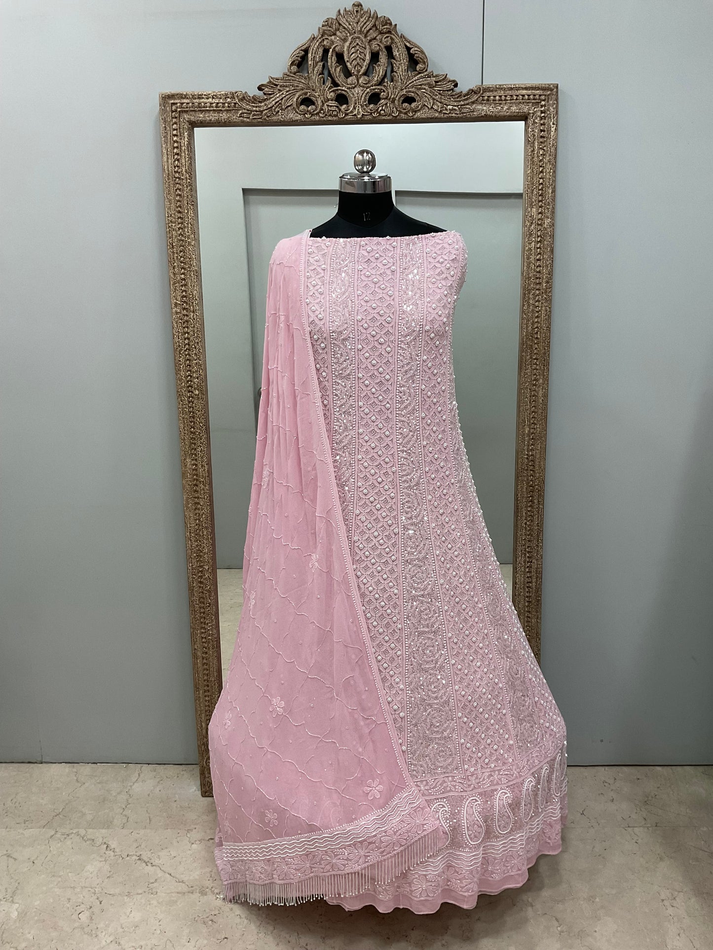 Pure Georgette Anarkali Heavy Pearl, Cutdana and Sequence Pink
