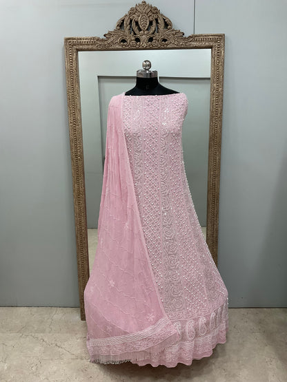 Pure Georgette Anarkali Heavy Pearl, Cutdana and Sequence Pink