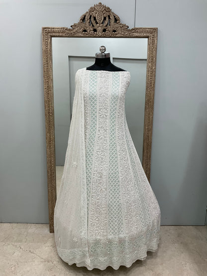 Pure Georgette Anarkali Heavy Pearl, Multi Coloured Cutdana and Sequence White