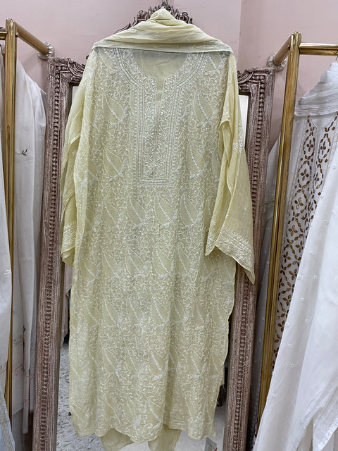 Pure Mulmul Semistiched Kurta Jaali Work And Addon With Dupatta Lemon Green