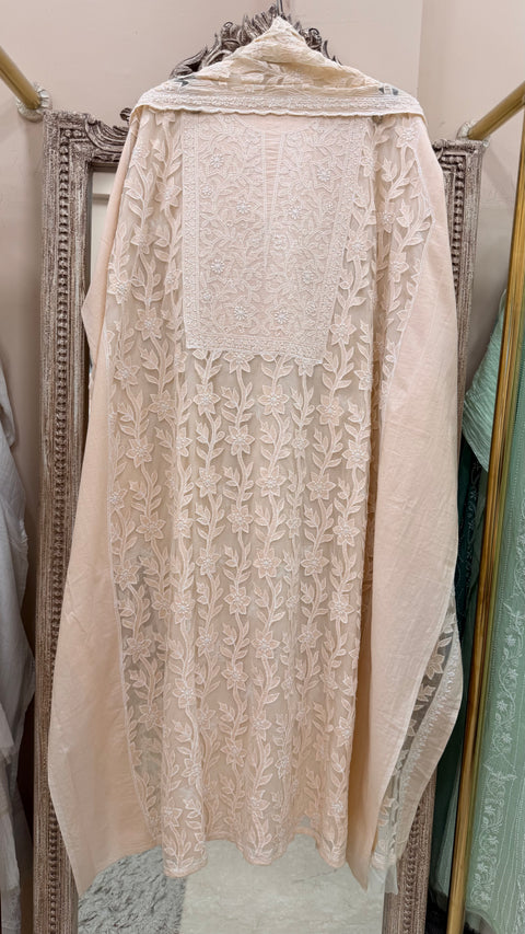 Pure Mul Cotton With Net Patch Work Straight Heavy Dupatta Peach
