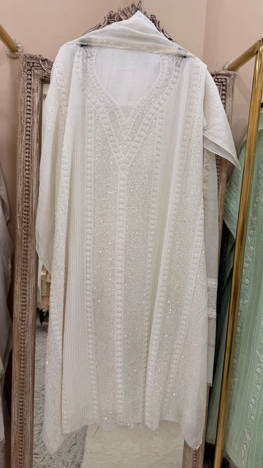 Pure Mul Cotton Straight Pearl And Addon Work With Dupatta White