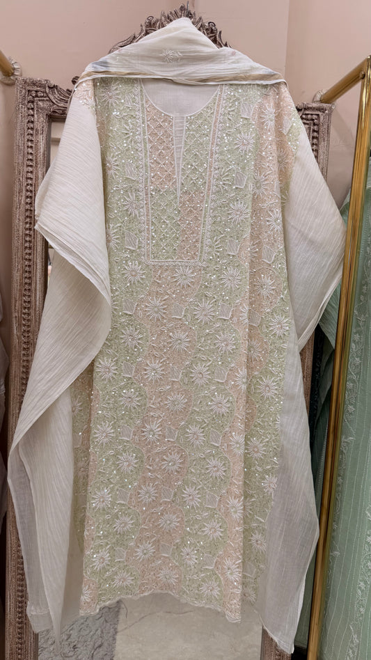 Pure Mulmul Straight MultiColoured Sequence Work Shirt with Dupatta Off White