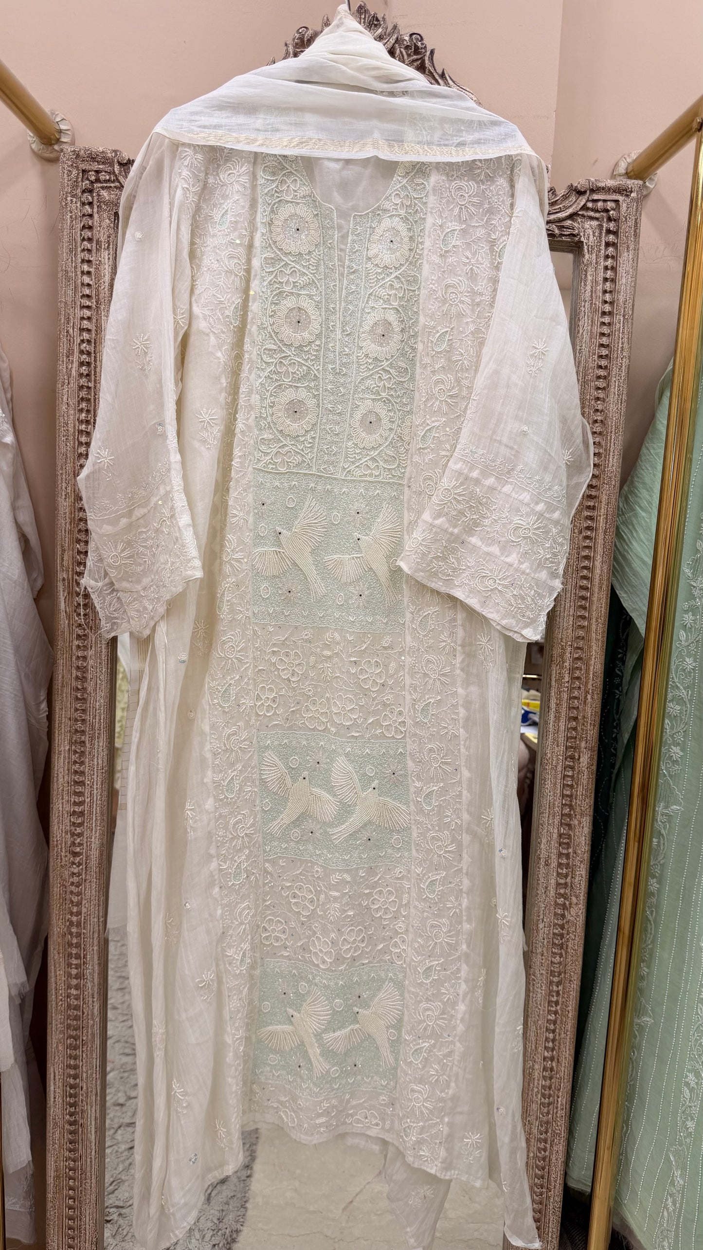 Pure Mulmul Cotton Semistiched Kurta Pearl And Addon Work With Dupatta White