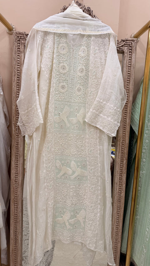 Pure Mulmul Cotton Semistiched Kurta Pearl And Addon Work With Dupatta White