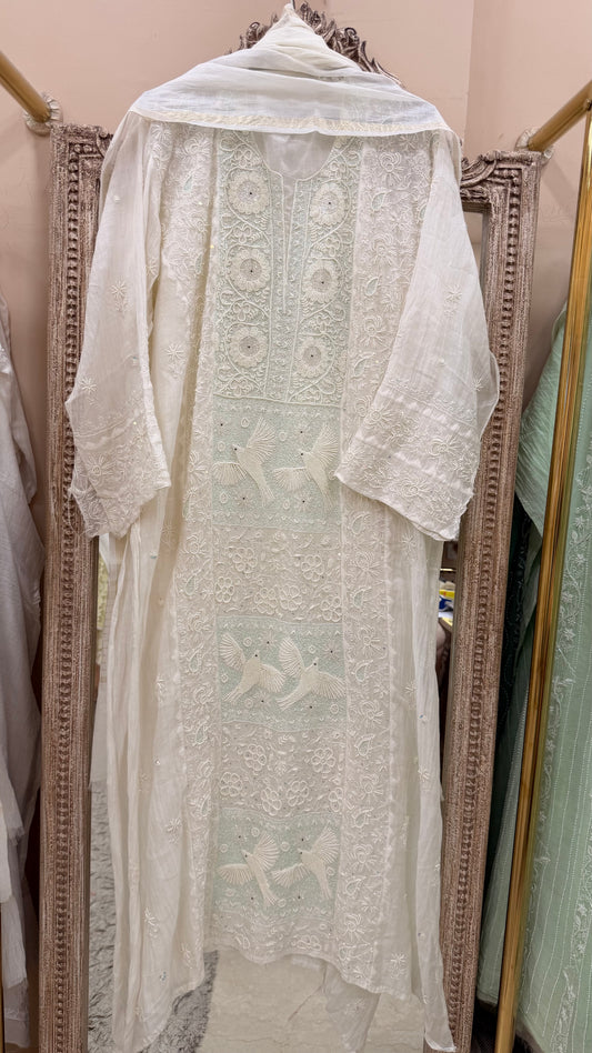 Pure Mulmul Cotton Semistiched Kurta Pearl And Addon Work With Dupatta White