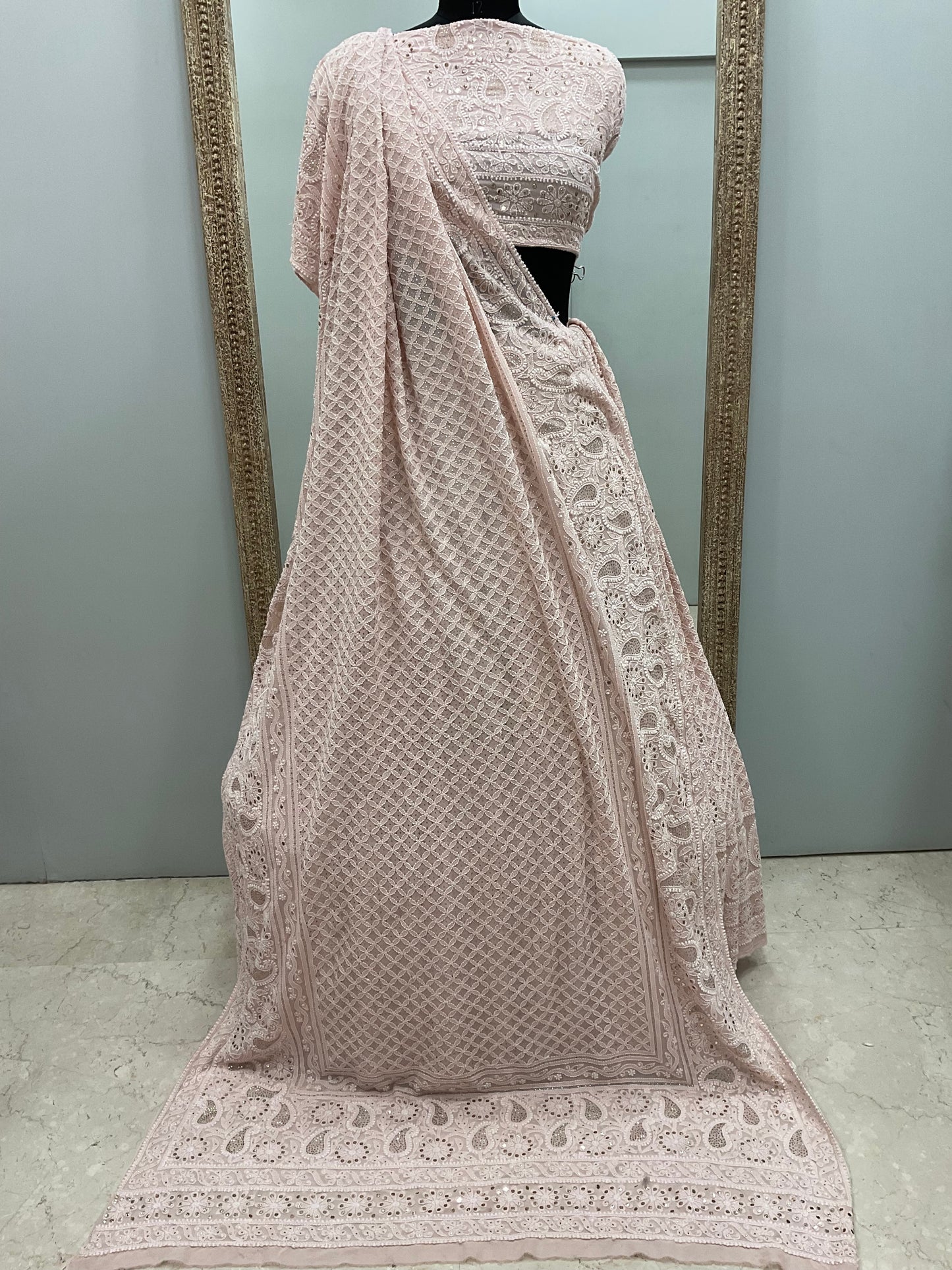 Pure Georgette Lehenga With Heavy Mukaish Work Powder Pink