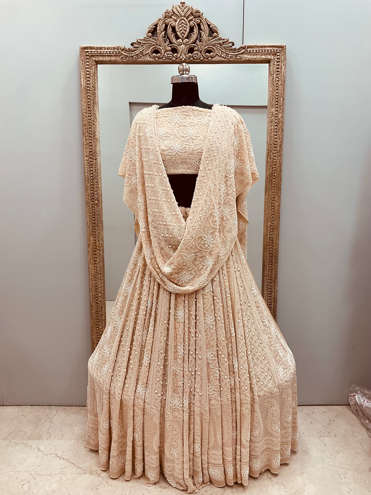 Pure Georgette Heavy Multicolored Cutdana Pearl and Sequence Beige