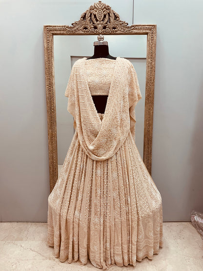 Pure Georgette Heavy Multicolored Cutdana Pearl and Sequence Beige
