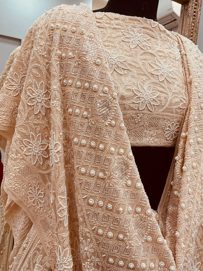 Pure Georgette Heavy Multicolored Cutdana Pearl and Sequence Beige