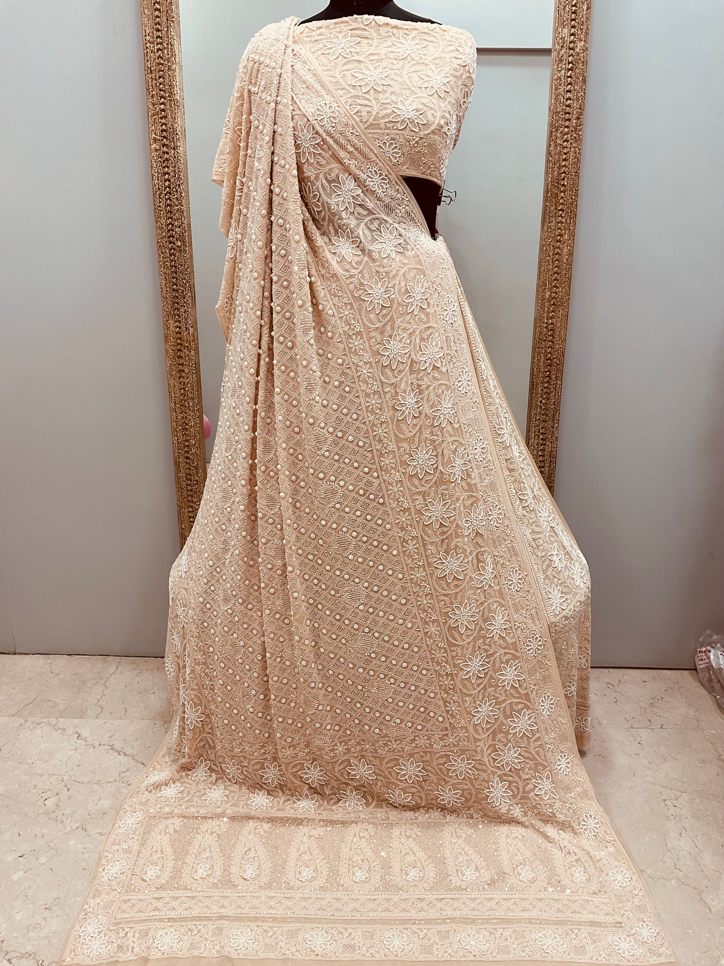 Pure Georgette Heavy Multicolored Cutdana Pearl and Sequence Beige