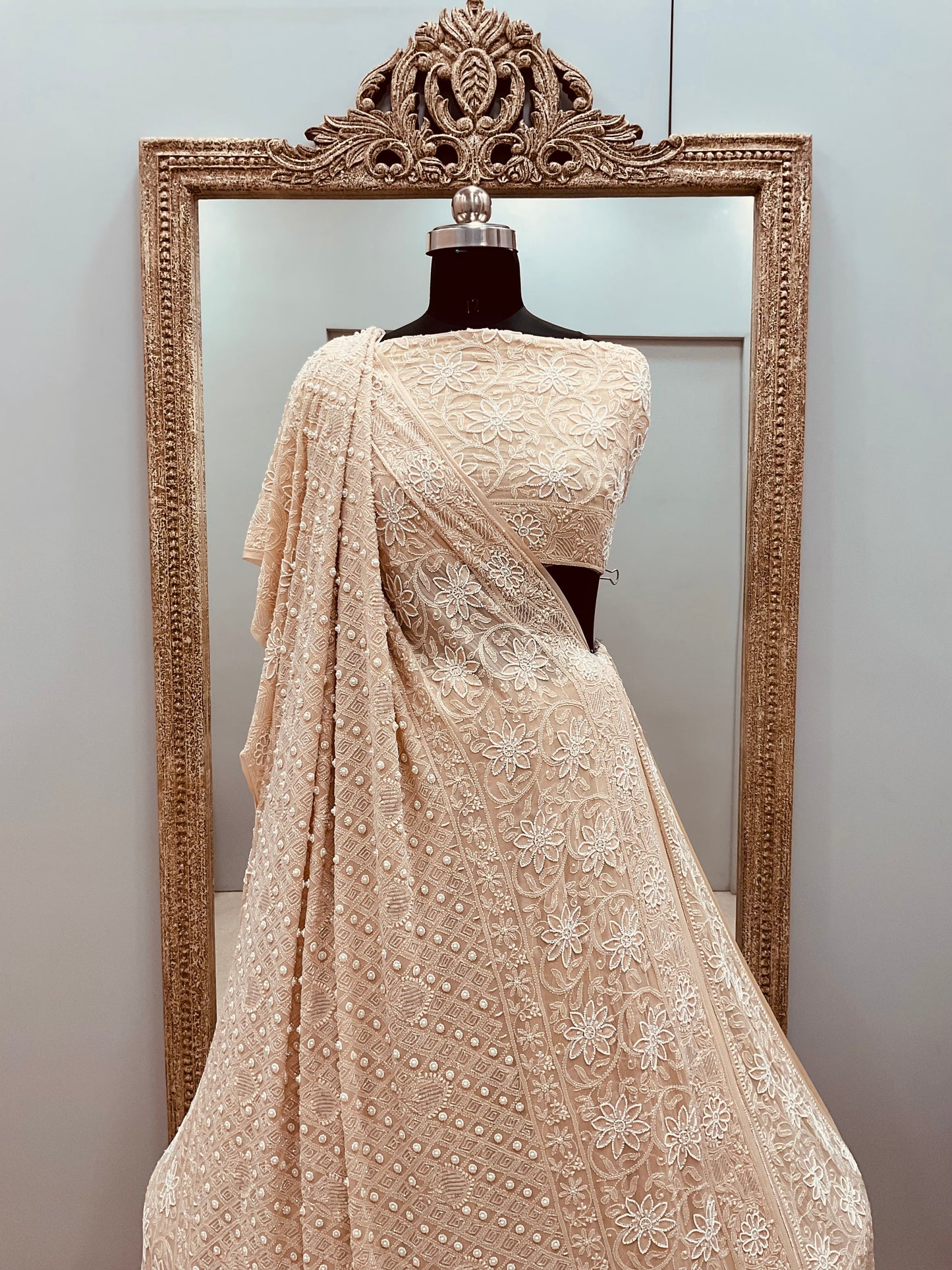 Pure Georgette Heavy Multicolored Cutdana Pearl and Sequence Beige