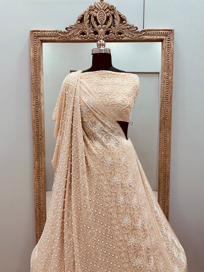Pure Georgette Heavy Multicolored Cutdana Pearl and Sequence Beige