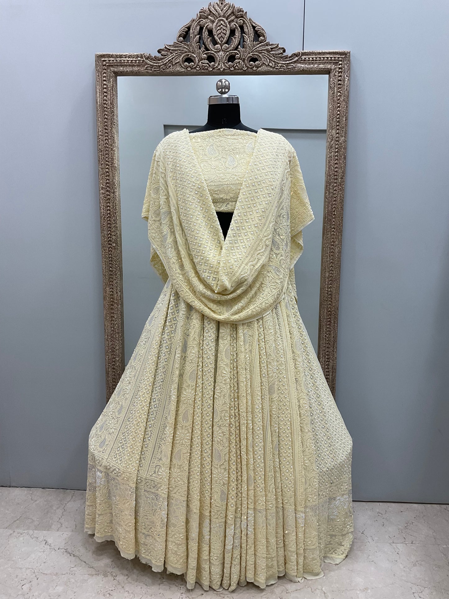 Semi Georgette Heavy Pearl and Sequence Work Yellow