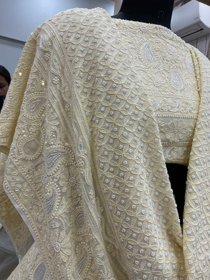 Semi Georgette Heavy Pearl and Sequence Work Yellow