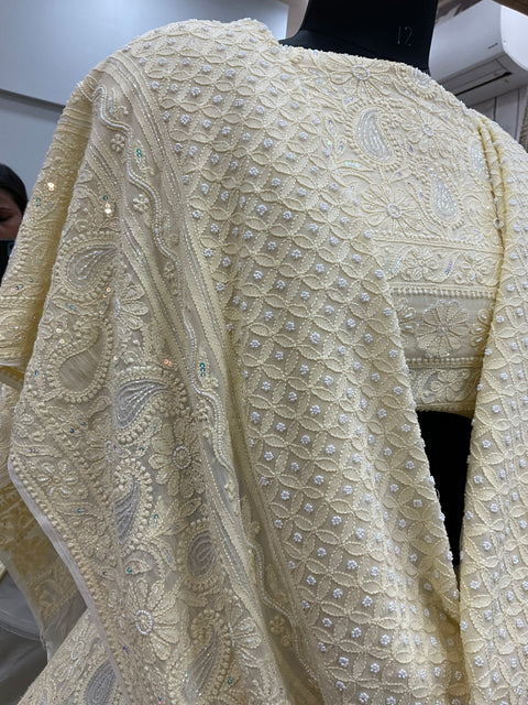 Semi Georgette Heavy Pearl and Sequence Work Yellow