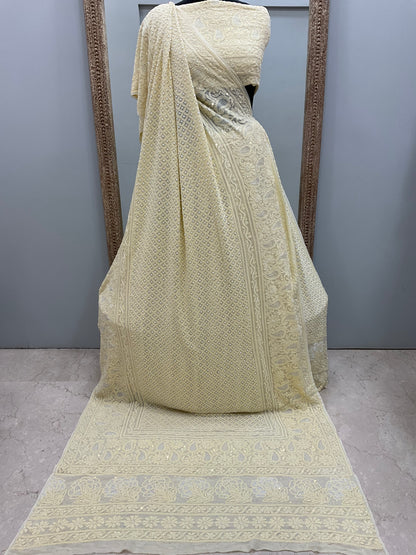 Semi Georgette Heavy Pearl and Sequence Work Yellow