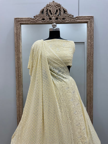 Semi Georgette Heavy Pearl and Sequence Work Yellow