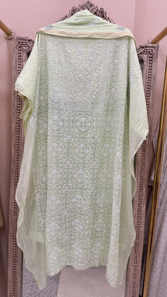 Pure Mulmul Cotton  Kurta Chickankari With Dupatta Green