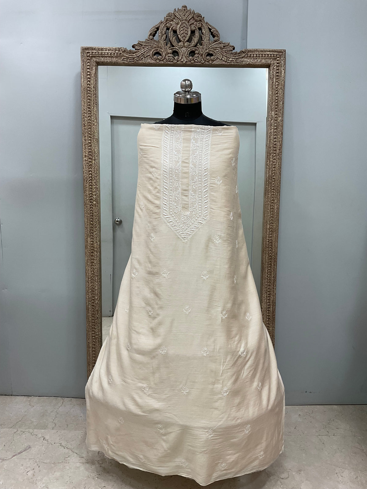 Pure Monga Silk Gents Kurta Front Jaal Heavy Chickan Work Beige 02