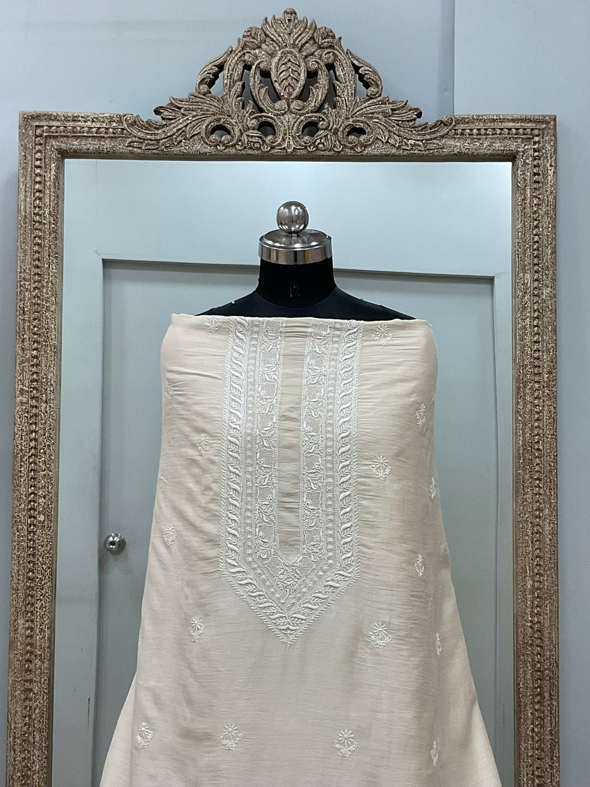 Pure Monga Silk Gents Kurta Front Jaal Heavy Chickan Work Beige 02