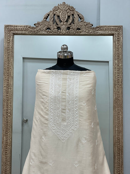 Pure Monga Silk Gents Kurta Front Jaal Heavy Chickan Work Beige 02
