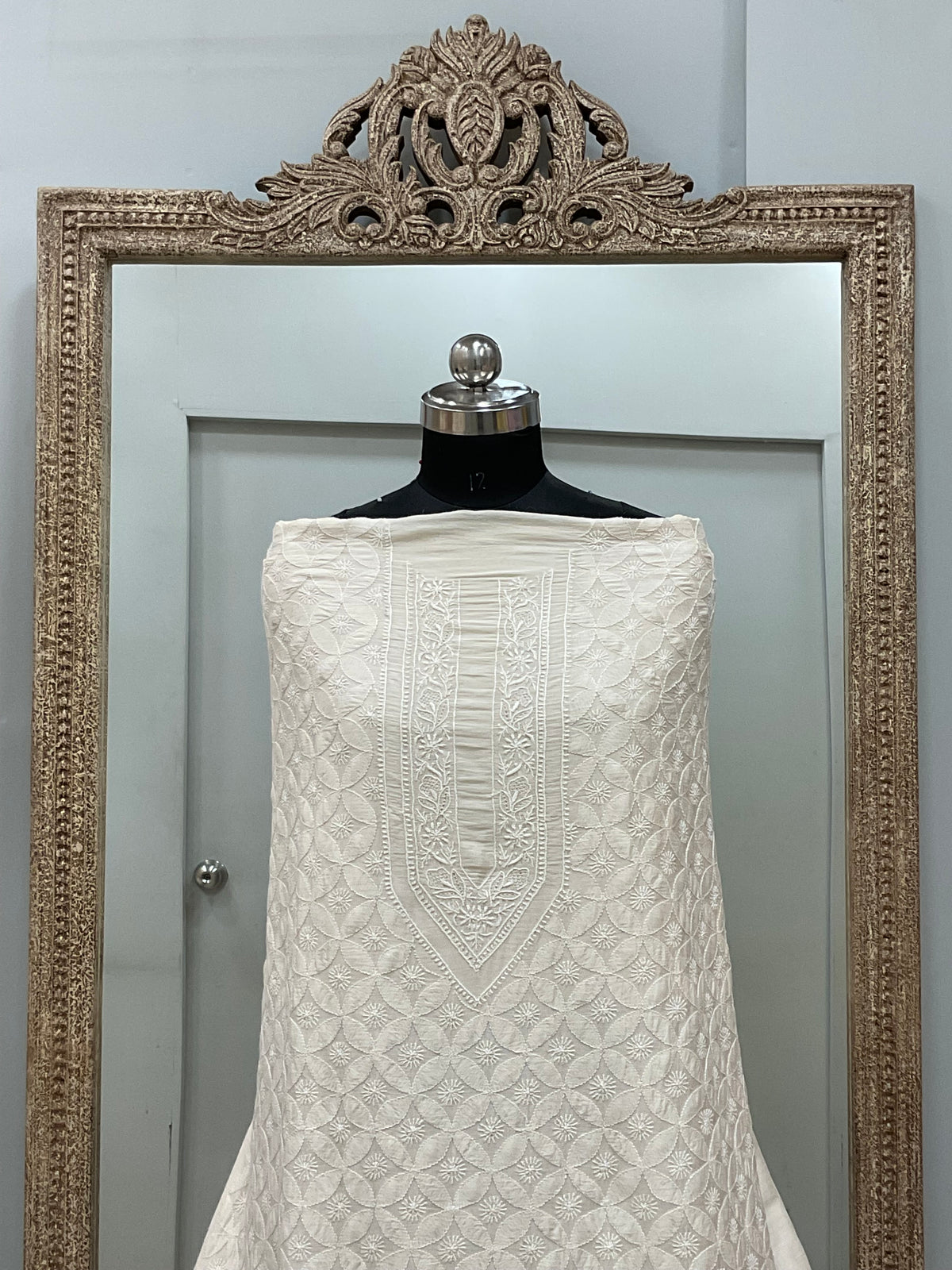 Pure Monga Silk Gents Kurta Front Jaal Heavy Chickan Work Beige 05