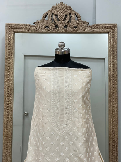 Pure Monga Silk Gents Kurta Front Jaal Heavy Chickan Work Beige 06