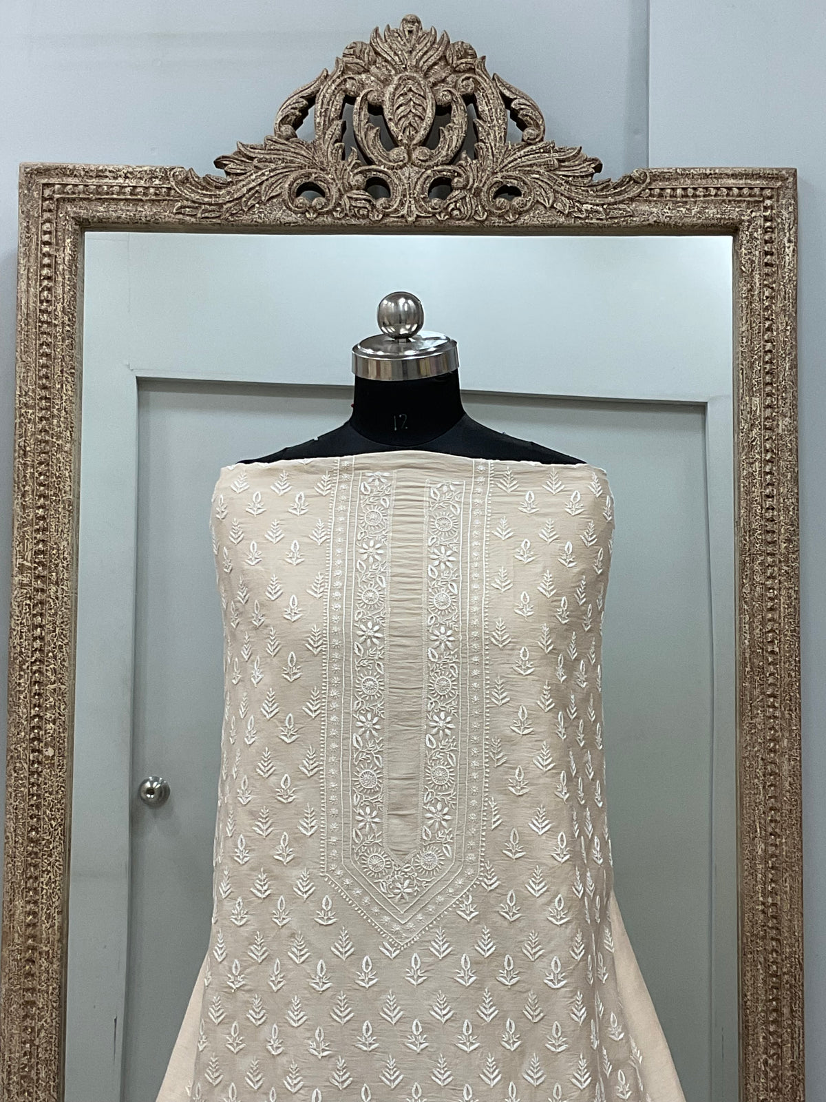 Pure Monga Silk Gents Kurta Front Jaal Heavy Chickan Work Beige 08