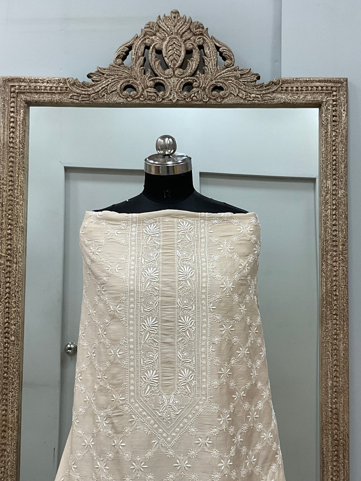 Pure Monga Silk Gents Kurta Front Jaal Heavy Chickan Work Beige 10