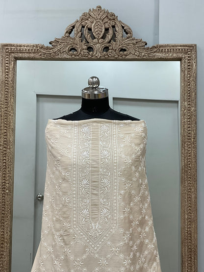 Pure Monga Silk Gents Kurta Front Jaal Heavy Chickan Work Beige 10