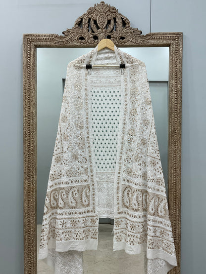 Pure Georgette Heavy Gota Mirror Work Designer Dupatta Off White