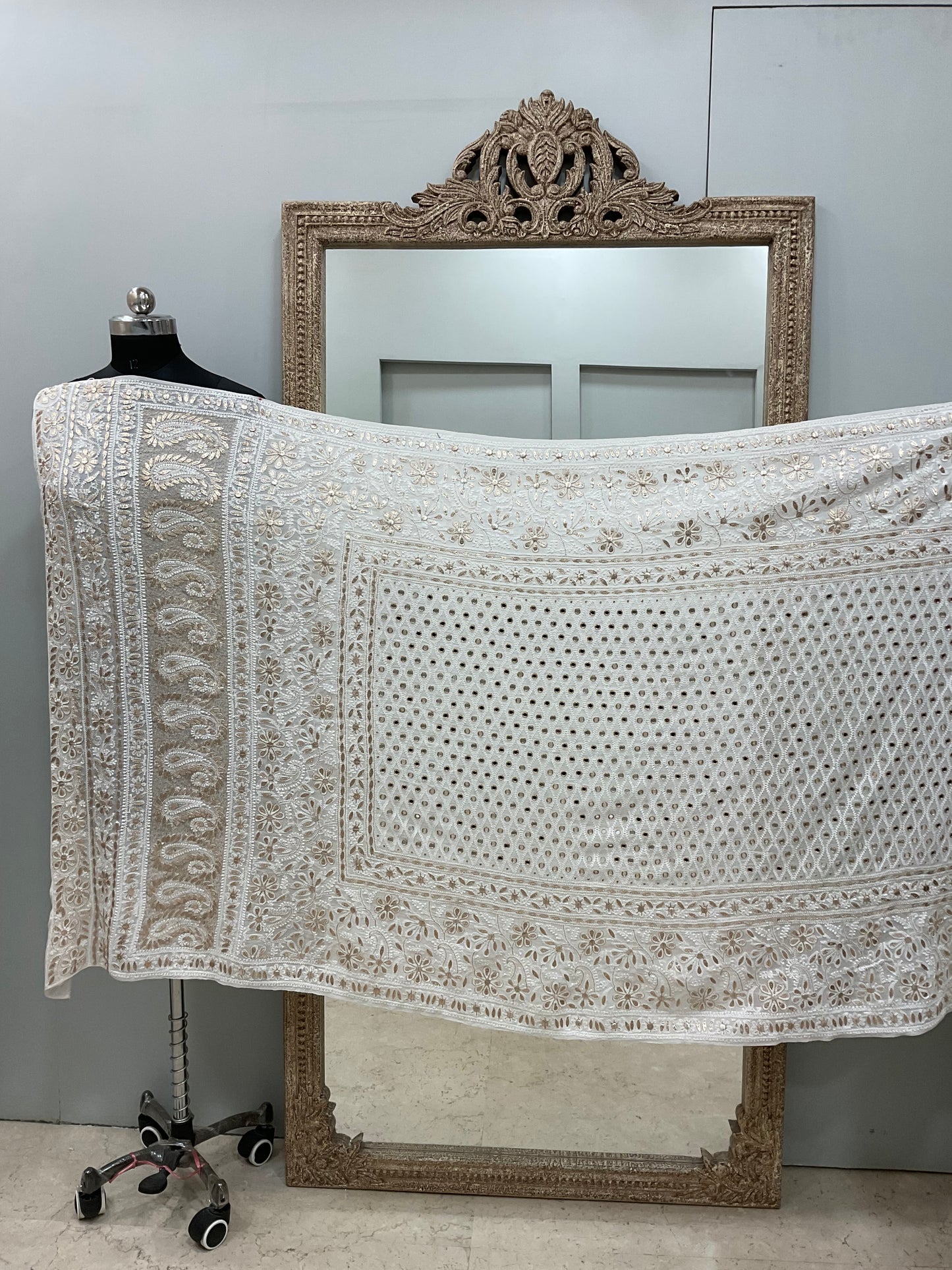 Pure Georgette Heavy Gota Mirror Work Designer Dupatta Off White