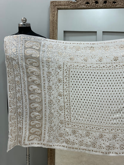 Pure Georgette Heavy Gota Mirror Work Designer Dupatta Off White