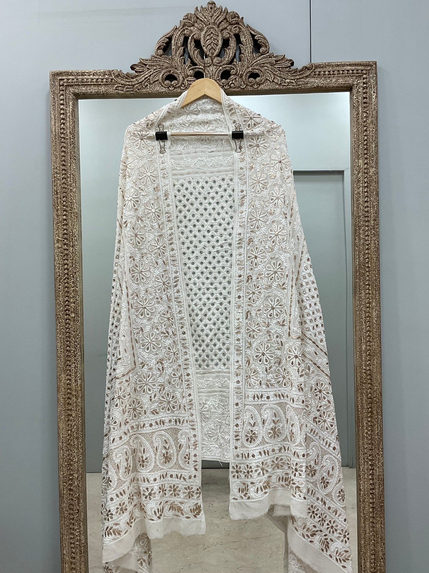 Pure Georgette Heavy Gota Mirror Work Designer Dupatta Off White