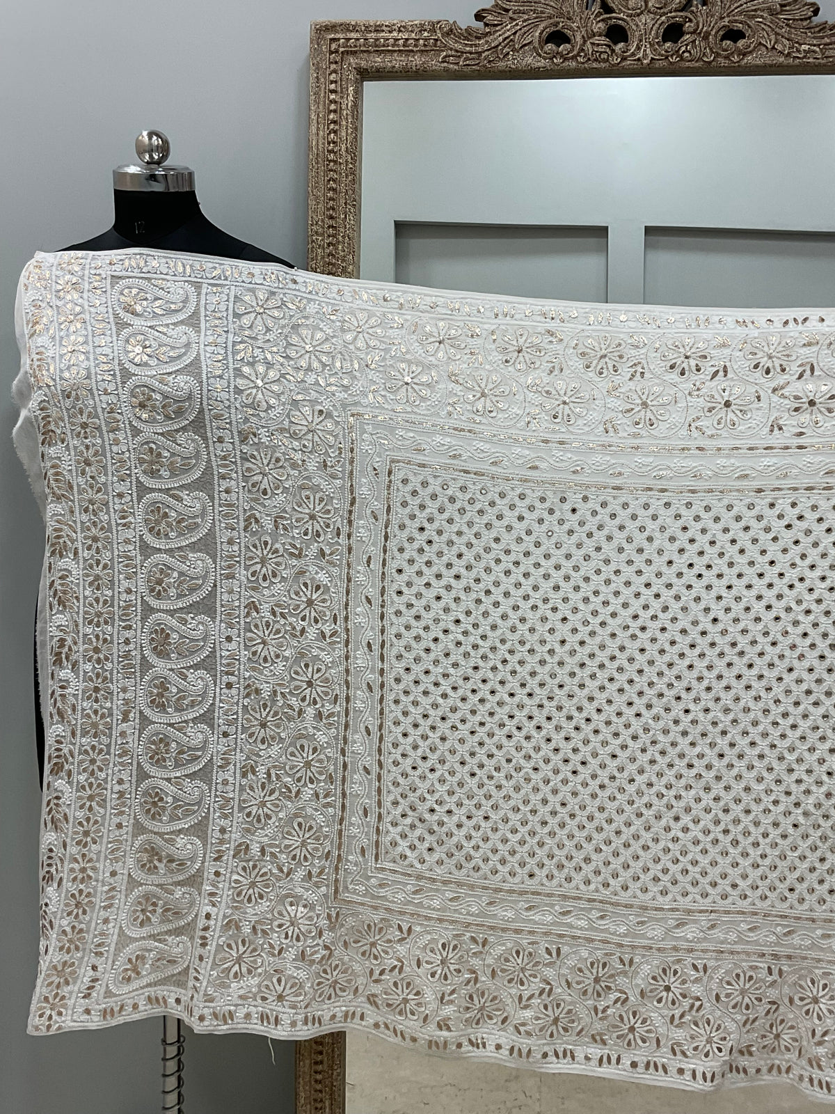 Pure Georgette Heavy Gota Mirror Work Designer Dupatta Off White