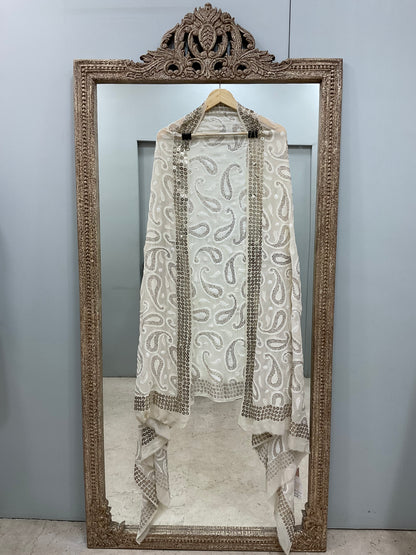 Ring Mukaish Pearl and Heavy Sequence Designer Dupatta Off White