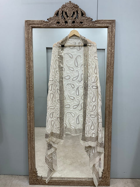 Ring Mukaish Pearl and Heavy Sequence Designer Dupatta Off White