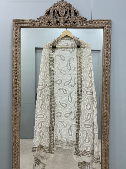 Ring Mukaish Pearl and Heavy Sequence Designer Dupatta Off White