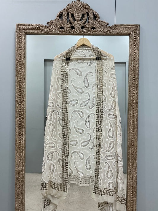 Ring Mukaish Pearl and Heavy Sequence Designer Dupatta Off White