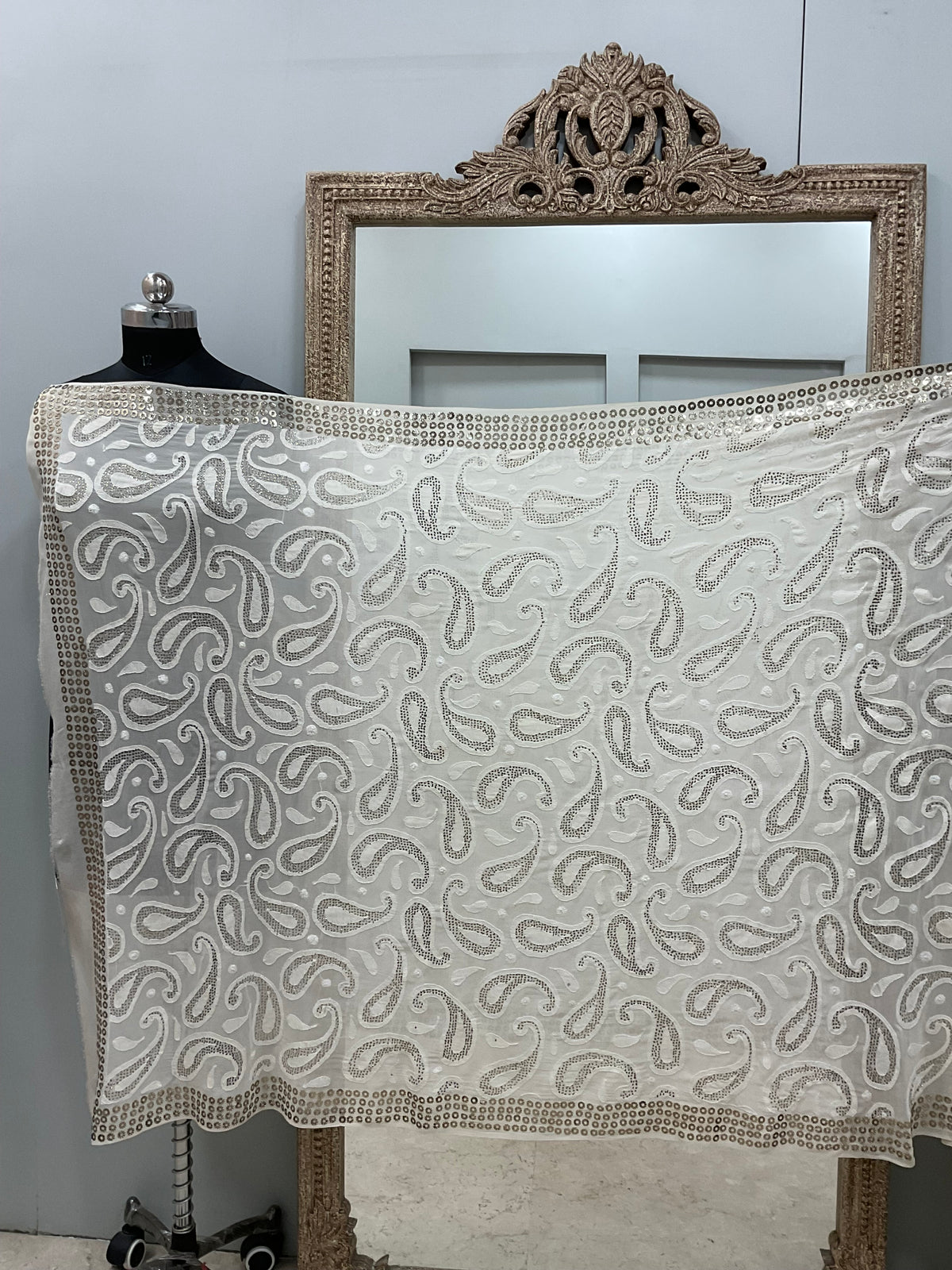 Ring Mukaish Pearl and Heavy Sequence Designer Dupatta Off White