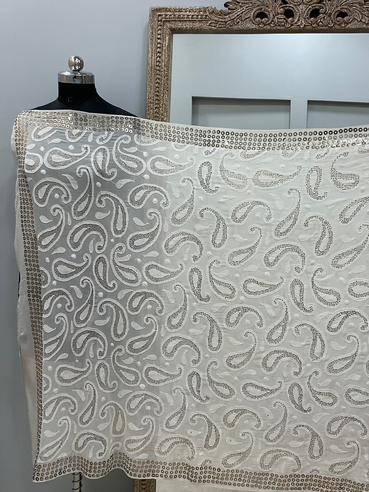 Ring Mukaish Pearl and Heavy Sequence Designer Dupatta Off White
