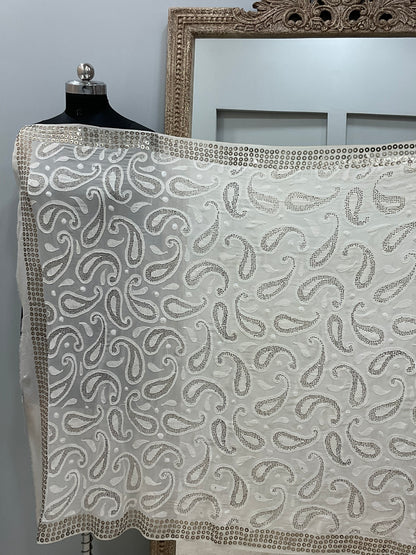 Ring Mukaish Pearl and Heavy Sequence Designer Dupatta Off White