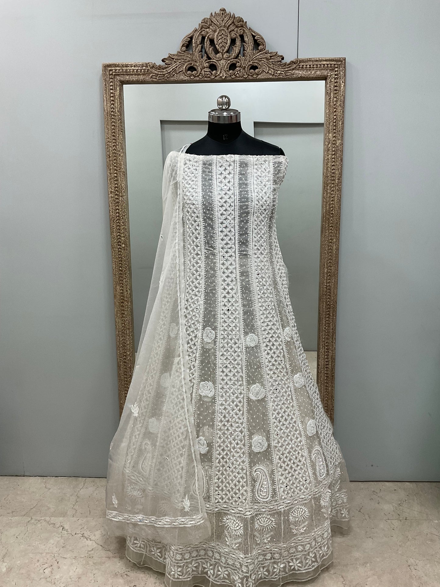 Semi Organza Anarkali Heavy Pearl and Sequence Off-White
