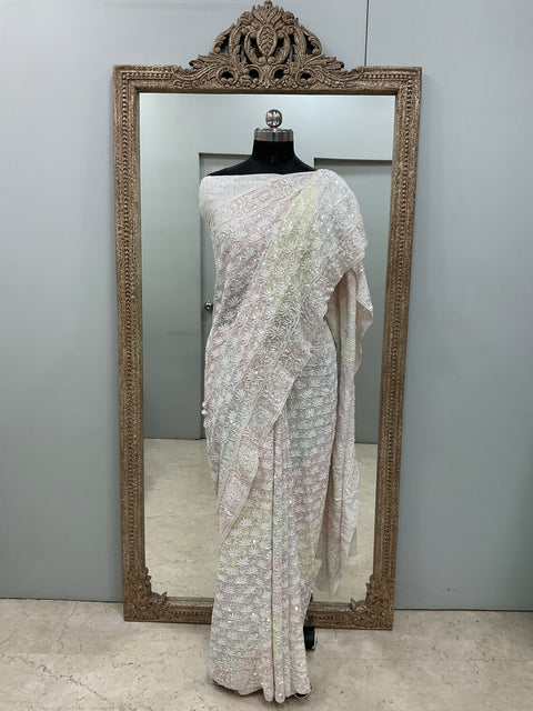 Pure Georgette Saree Superfine Work full jaal with Multicolored Heavy Cutdana and Sequence Off White