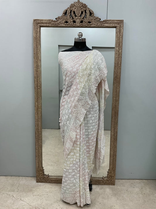 Pure Georgette Saree Superfine Work full jaal with Multicolored Heavy Cutdana and Sequence Off White