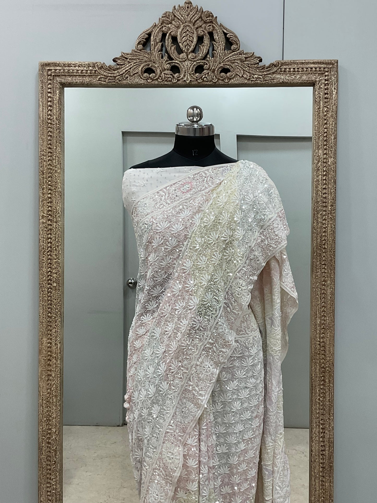 Pure Georgette Saree Superfine Work full jaal with Multicolored Heavy Cutdana and Sequence Off White